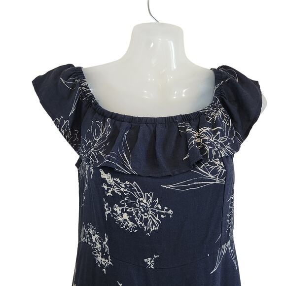 Carly Jean Off The Shoulder Midi Dress Ruffled Floral Navy Blue White Size Small - Picture 3 of 8